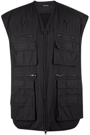 Balenciaga Kurtki, Mężczyzna, Niebieski, S, Len, Granatowy Bezrękawnik Kamizelka z Kieszeniami Cargo