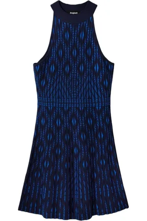 Desigual Sukienki, Kobieta, Niebieski, L, Niebieska Sukienka Bez Rękawów w Wzory