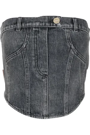 ERIKA CAVALLINI Koszulki, Kobieta, Szary, S, Denim, Cristel Denim Top z Wygrawerowanym Logo