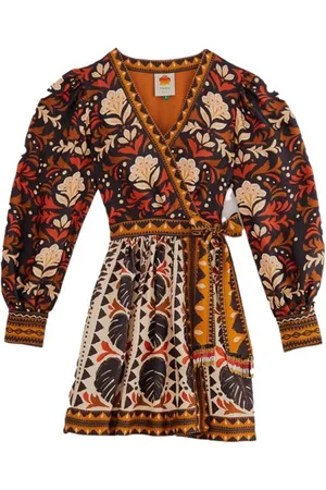 Farm Rio Sukienki, Kobieta, Wielobarwność, S, Len, Wielobarwna Tkanina V Neck Mini Sukienka