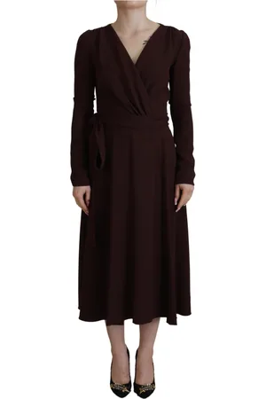 Dolce & Gabbana Sukienki, Kobieta, brązowy, L, Brązowa Sukienka Ołówkowa z Długim Rękawem i Wiązaniem