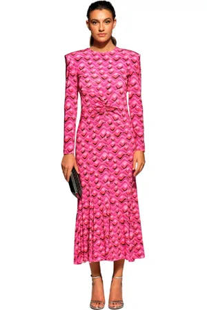 MOSKADA Sukienki, Kobieta, Wielobarwność, M, Fuchsia Jedwabna Sukienka Midi z Poduszeczkami na Ramionach