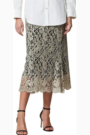 Heartmade Spódnice, Kobieta, Beżowy, M, Elegancka Spódnica Midi z Koronką