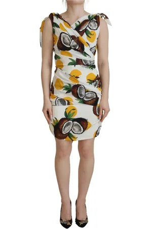 Dolce & Gabbana Sukienki, Kobieta, Wielobarwność, S, Biała Sukienka Mini Sheath z Jedwabiu z Wzorem Kokosa