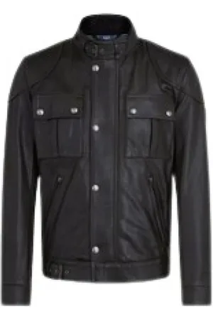 Belstaff Kurtki, Mężczyzna, Czarny, XL, Czarna skórzana kurtka gangsterska z wieloma kieszeniami