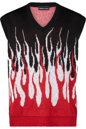Vision Of Super Swetry, Mężczyzna, Czarny, L, Kamizelka Jacquard Flames - Czarno-Biała-Czerwona