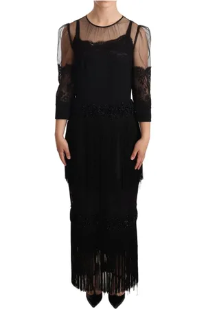 Dolce & Gabbana Sukienki, Kobieta, Czarny, M, Czarna Koronkowa Sukienka Midi z Marszczonymi Rękawami