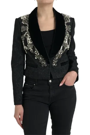 Dolce & Gabbana Kurtki, Kobieta, Czarny, M, Bawełna, Czarna Ozdobiona Kurtka Overcoat