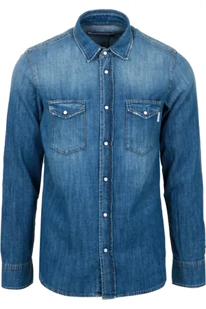 Mauro Grifoni Koszule, Mężczyzna, Niebieski, L, Denim, Denim Koszula Kołnierz Długie Rękawy Kieszenie