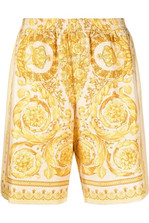VERSACE Szorty, Mężczyzna, Żółty, L, Barocco Print Jedwabne Szorty Szerokie Nogi