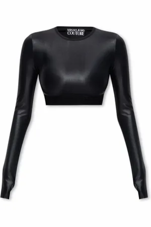 VERSACE Koszulki, Kobieta, Czarny, XS, Błyszczący Crop Fit Długi Rękaw