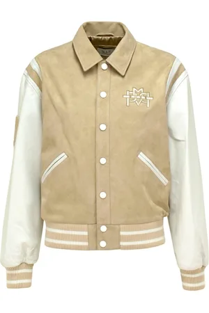 MVP Wardrobe Kurtki, Kobieta, Beżowy, S, Zamsz, Kurtka Bomber z Zamszu i Skóry z Logo Patchwork