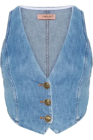 Twin-Set Kurtki, Kobieta, Niebieski, M, Denim, Stylowy Denim Gilet Bezrękawnik