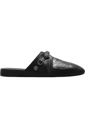 Balenciaga Buty, Mężczyzna, Czarny, 40 EU, Len, Czarne Skórzane Slajdy z Klamrą
