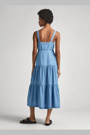 Pepe Jeans Sukienki, Kobieta, Niebieski, L, Midi Tencel Serce Szyja Sukienka