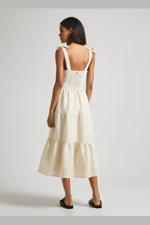 Pepe Jeans Sukienki, Kobieta, Beżowy, S, Sukienka Midi Koronkowa Paski