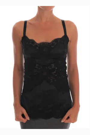 Dolce & Gabbana Koszulki, Kobieta, Czarny, L, Nylon, Czarna Jedwabna Elastyczna Koronkowa Góra
