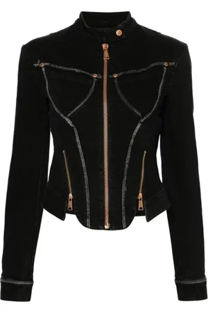 VERSACE Kurtki, Kobieta, Czarny, S, Denim, Czarna Kurtka Denimowa z Detalem na Zamek
