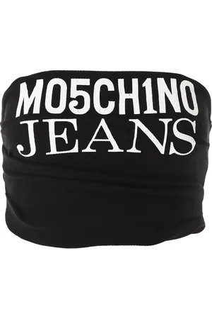 Moschino Koszulki, Kobieta, Czarny, S, Rajstrowany Crop Top z Logo w Czarnym