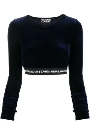 VERSACE Koszulki, Kobieta, Niebieski, S, Stylowy Crop Top z Rękawami