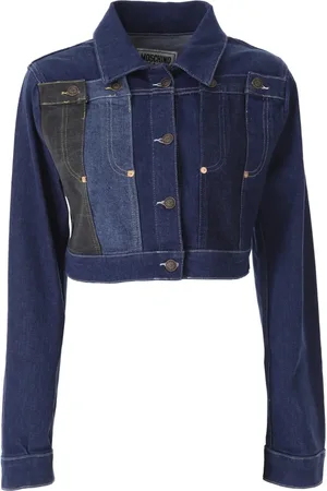 Moschino Kurtki, Kobieta, Niebieski, S, Denim, Patchwork Cropped Denim Jacket