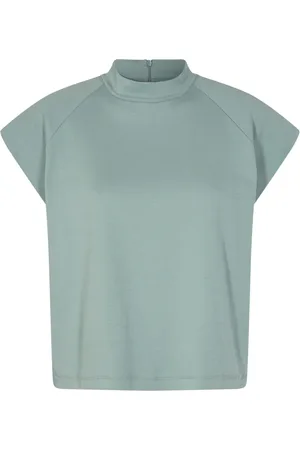 REMAIN Birger Christensen Koszulki, Kobieta, Zielony, S, Bawełna, High-Neck T-Shirt z Narami Padded