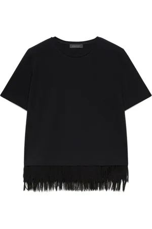 Elena Miro Koszulki, Kobieta, Czarny, M, Len, T-shirt z frędzlami