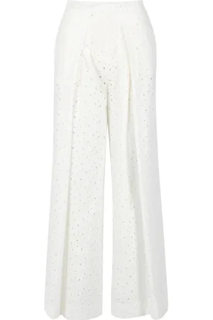 SEMICOUTURE Spodnie, Kobieta, Biały, M, Białe Spodnie Wide Leg Sangallo