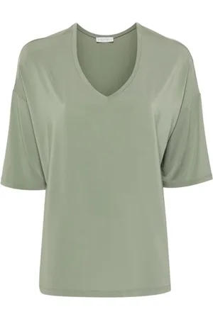 LE TRICOT PERUGIA Koszulki, Kobieta, Zielony, L, Zielony T-shirt z dekoltem w serek i opuszczonymi ramionami