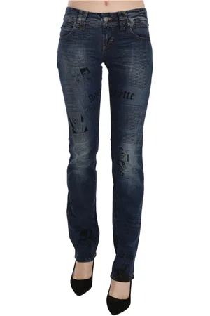 John Galliano Jeansy, Kobieta, Niebieski, W24, Niebieskie Dżinsy z Gazetowym Wzorem