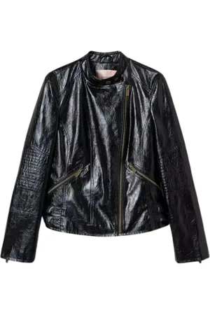 Twin-Set Kurtki, Kobieta, Czarny, S, Bawełna, Czarna Skórzana Kurtka Biker