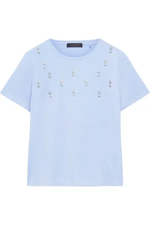Elena Miro Koszulki, Kobieta, Niebieski, L, Len, T-shirt z haftem kwiatowym