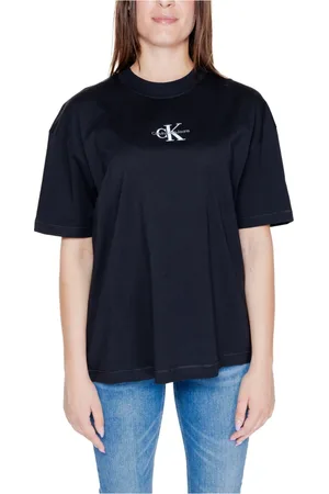 Calvin Klein Koszulki, Kobieta, Czarny, M, Czarna Prosta Koszulka z Krótkim Rękawem dla Kobiet