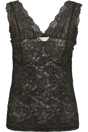 Cream Koszulki, Kobieta, Czarny, XL, Koronkowy Długi Top