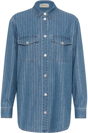 Cream Bluzki, Kobieta, Niebieski, M, Denim, Niebieska Denimowa Bluzka z Koszulą z Kamieniami