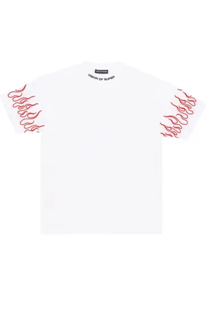 Vision Of Super Koszulki, Mężczyzna, Biały, L, Flames Haftowany T-shirt Biały/Czerwony