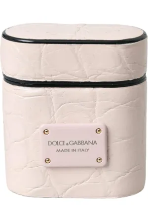 Dolce & Gabbana Akcesoria, Kobieta, Różowy, ONE SIZE, Metalowy Plakietka Logo Skórzany Etui na Airpods