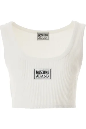 Moschino Koszulki, Kobieta, Biały, L, Crop Top z Logo Patch