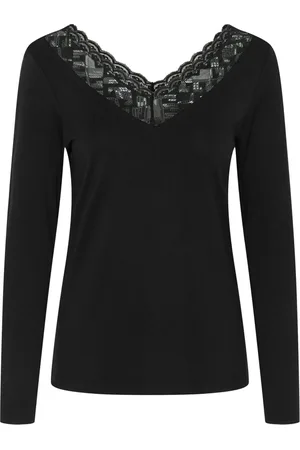 Cream Koszulki, Kobieta, Czarny, XL, Czarny Top z Koronkowym Wykończeniem w Serek
