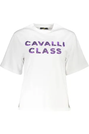 Roberto Cavalli Koszulki, Kobieta, Biały, S, Bawełna, Elegancka biała koszulka z bawełny z nadrukiem projektanta