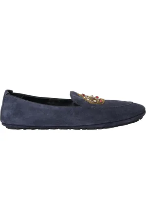 Dolce & Gabbana Buty, Mężczyzna, Niebieski, 40 EU, Niebieskie Skórzane Mokasynyy z Koroną z Kryształków Buty