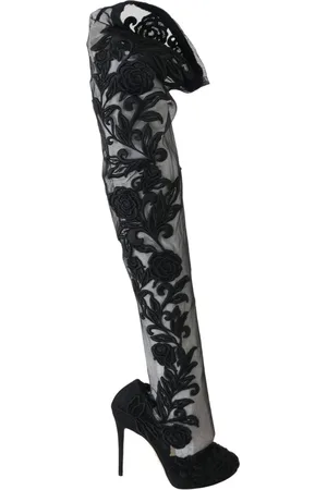Dolce & Gabbana Buty, Kobieta, Czarny, 39 EU, Kwiatowo Haftowane Kozaki nad Kolano