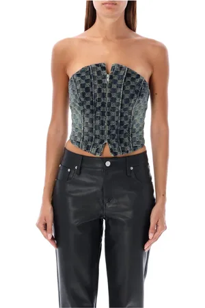 MISBHV Koszulki, Kobieta, Niebieski, L, Denim, Ciemnoniebieski Koronkowy Denim Gorset Topwear