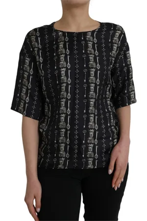 Dolce & Gabbana Koszulki, Kobieta, Czarny, S, Czarna jedwabna bluzka T-shirt z brelokiem