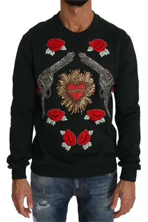 Dolce & Gabbana Bluzy, Mężczyzna, Zielony, L, Bawełna, Kryształowe Serce Zielony Sweter Bawełniany