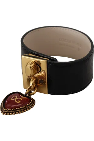 Dolce & Gabbana Akcesoria, Kobieta, Czarny, ONE SIZE, Skóra, Czarny bransoletka skórzana z złotymi detalami