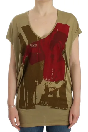 Costume National Koszulki, Kobieta, Zielony, XS, Zielony T-shirt z wielobarwnym nadrukiem i dekoltem w serek