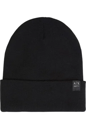 Armani Exchange Akcesoria, Mężczyzna, Czarny, ONE SIZE, Czarna Wełniana Czapka Beanie z Logo
