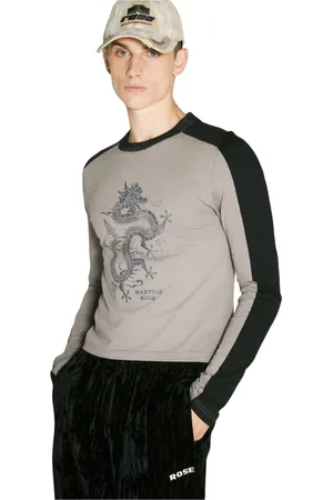 MARTINE ROSE Koszulki, Mężczyzna, Szary, S, Glitter Crewneck Graficzna Koszulka z Długim Rękawem