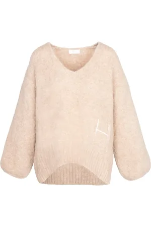 Hest Swetry, Kobieta, Beżowy, M, Nylon, Oversized Sweter z dekoltem w serek V
